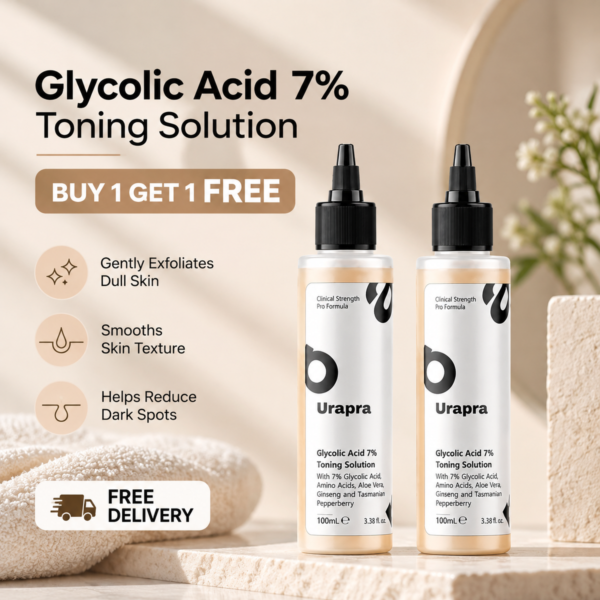 Urapra Glycolic Acid 7% Toning Solution 200ml – Buy 1 Get 1 Free | Brightening & Skin Refining Toner